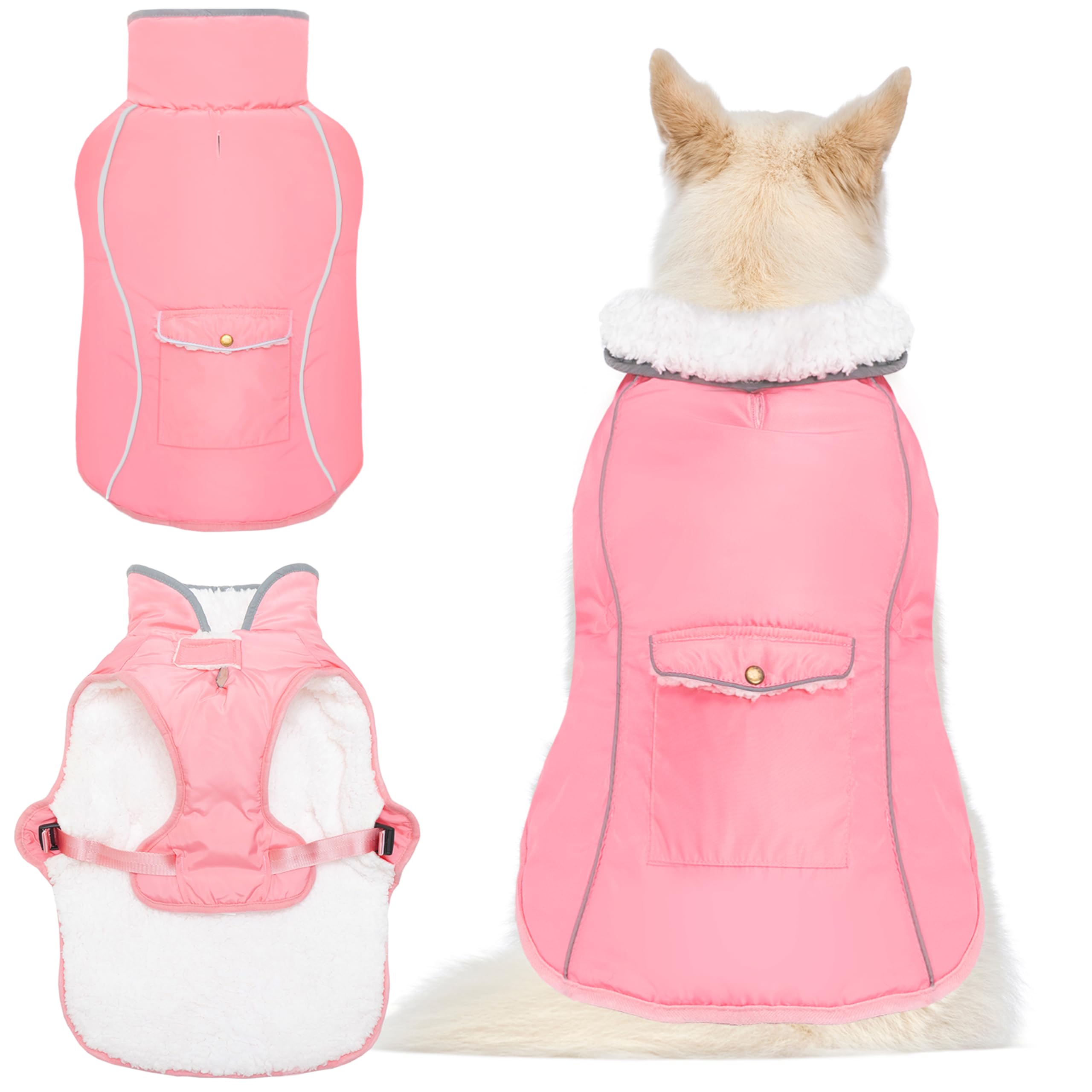MOTZABO dog winter coat front view in waterproof pink fabric for daily rain protection.