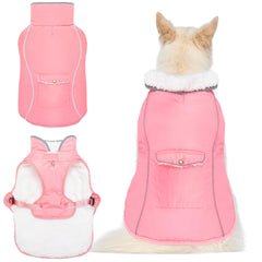 MOTZABO dog winter coat front view in waterproof pink fabric for daily rain protection.