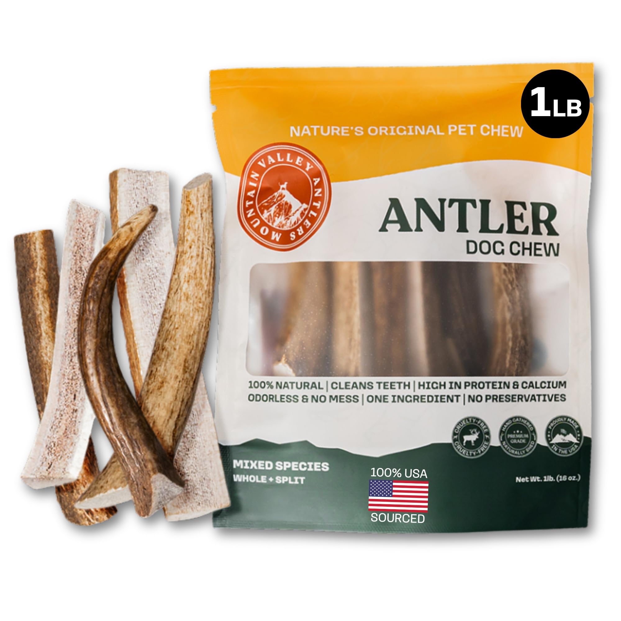 Mountain Valley Antlers closeup showing durable mixed-species chews for dogs.