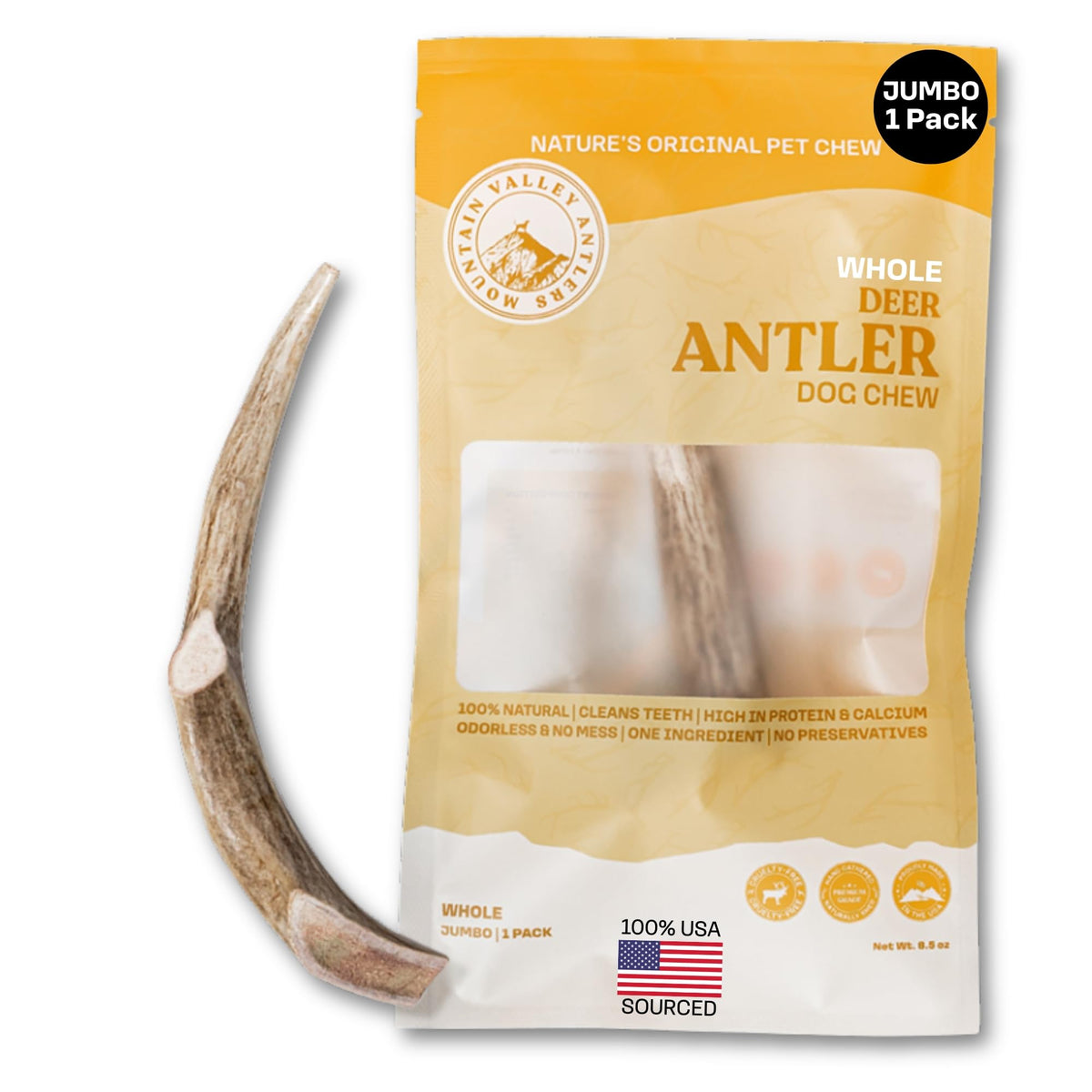 Mountain Valley Antlers deer antler dog chew pack shows long-lasting chew for aggressive chewers.