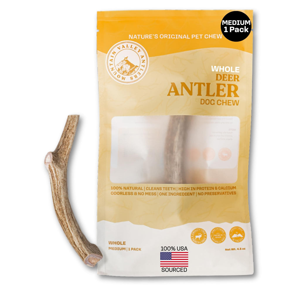 Mountain Valley Antlers pack close-up, durable dog chew for long-lasting entertainment.