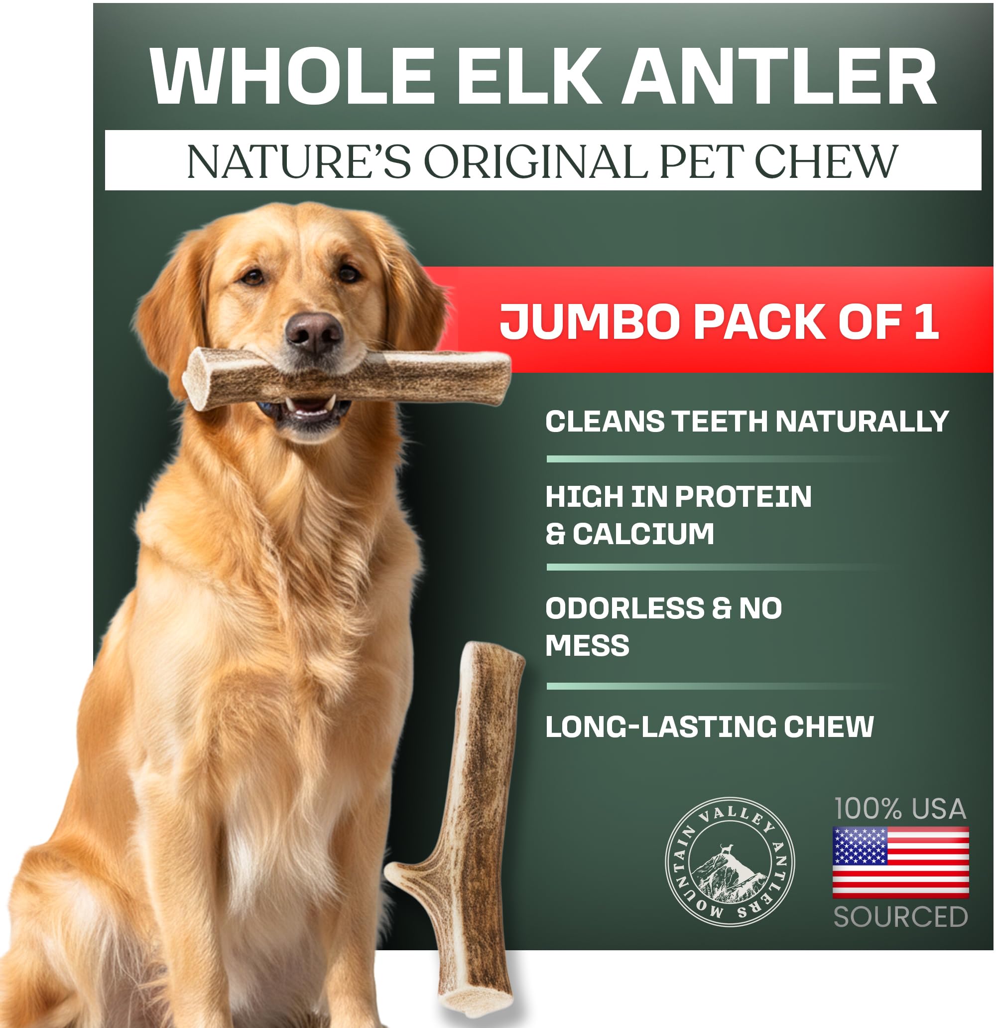 Mountain Valley Antlers packaging image shows natural elk dog chews for mess-free indoor use.
