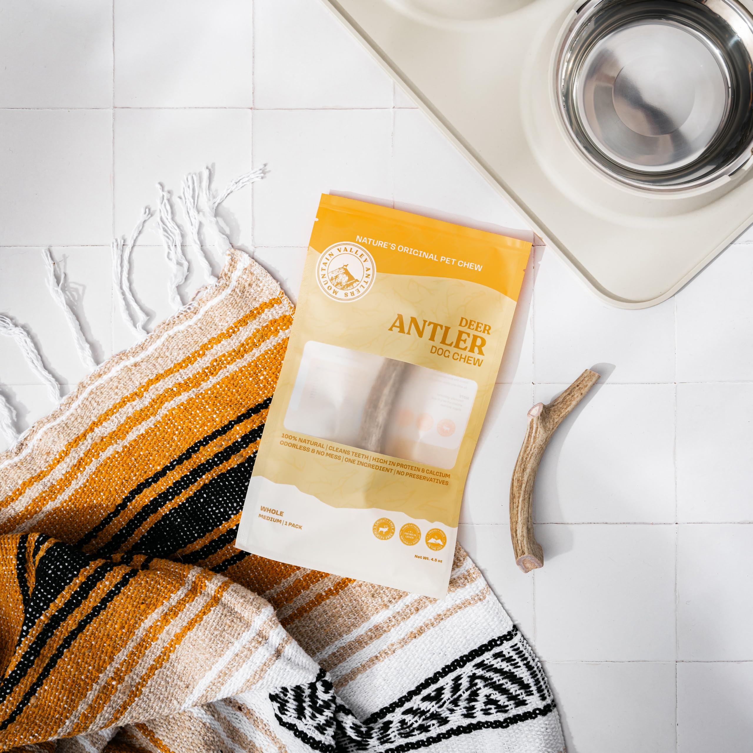 Mountain Valley Antlers USA wild-foraged chews, natural antlers.