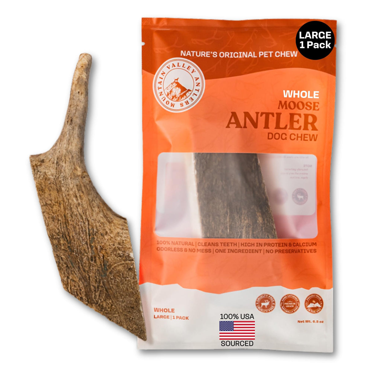 Mountain Valley Moose Antlers dog-chew close-up highlights durable, long-lasting gnaw sessions