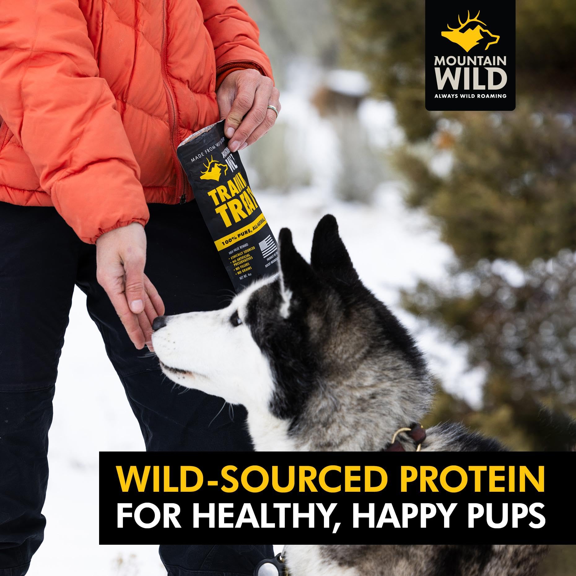 MOUNTAIN WILD no-fillers ingredient shot communicates pure, natural recipe for dogs and puppies.