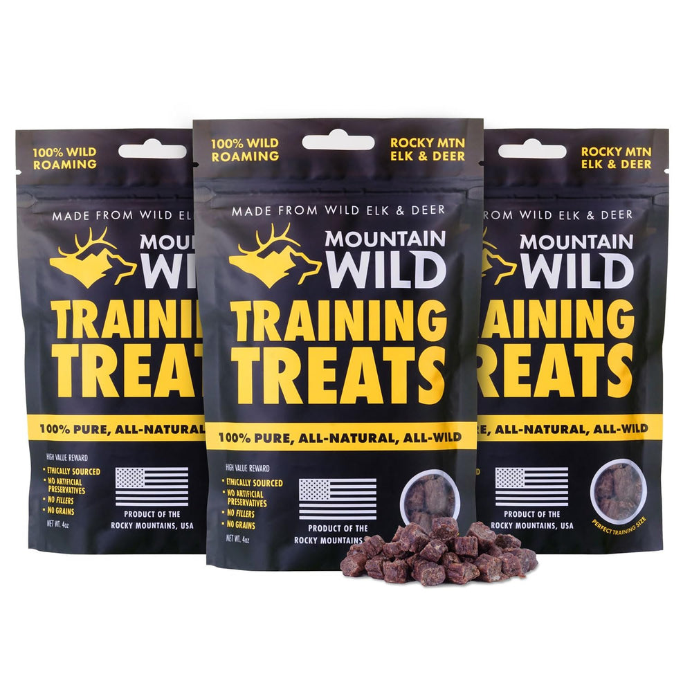 MOUNTAIN WILD Training Treats elk-venison packaging highlights premium, all-natural rewards for training.