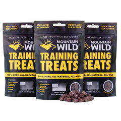 MOUNTAIN WILD Training Treats elk-venison packaging highlights premium, all-natural rewards for training.