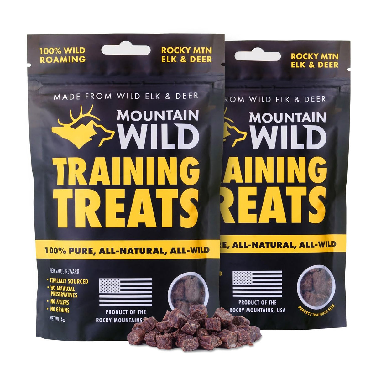 Mountain Wild Training Treats elk-venison protein bag showcases high-value rewards for training
