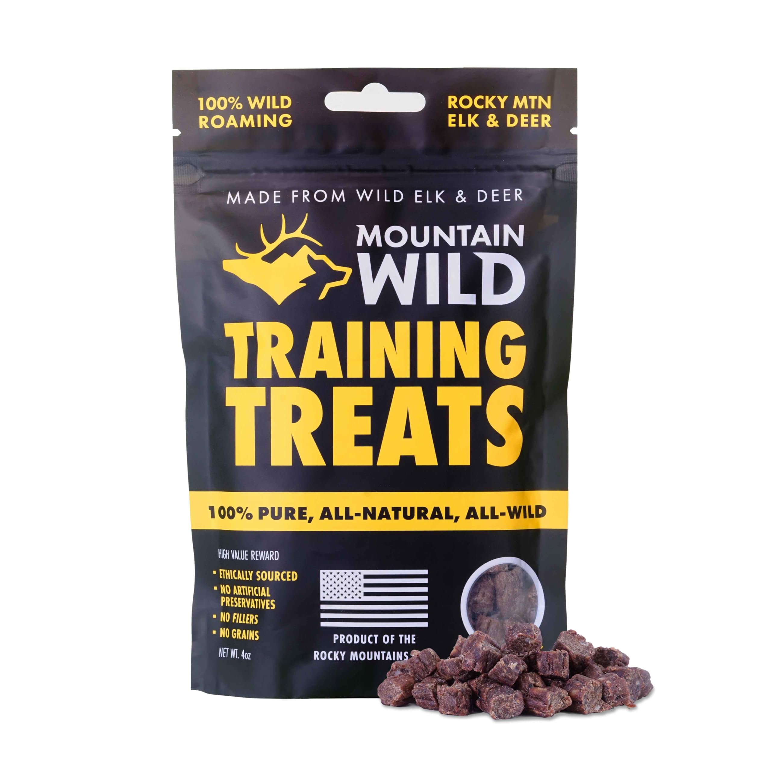 Mountain Wild elk-venison protein bag showing premium training rewards