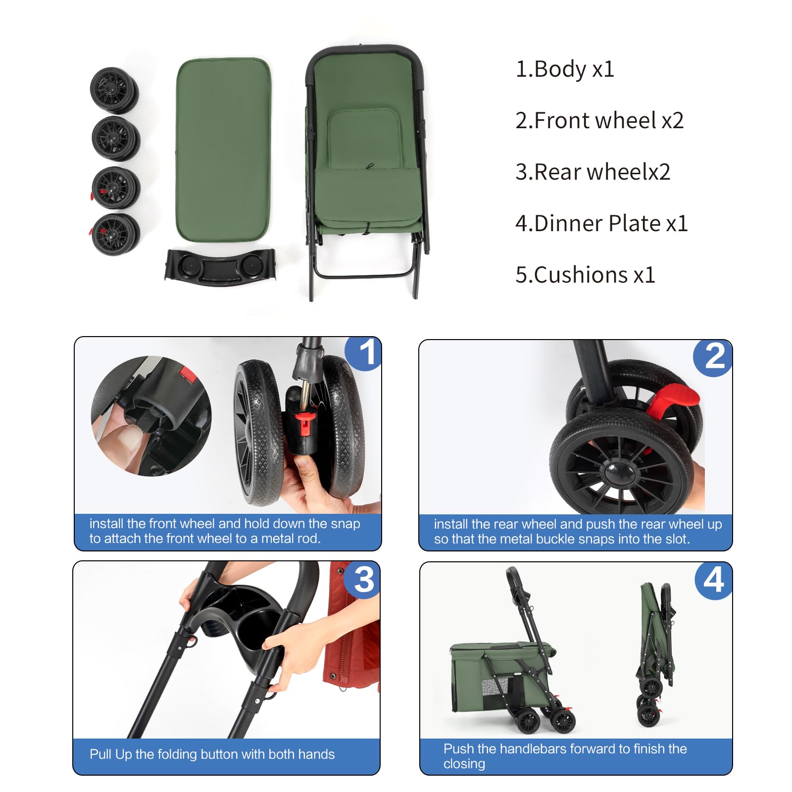 MOV COMPRA pet stroller green adjustable handle shows ergonomic folding and transport