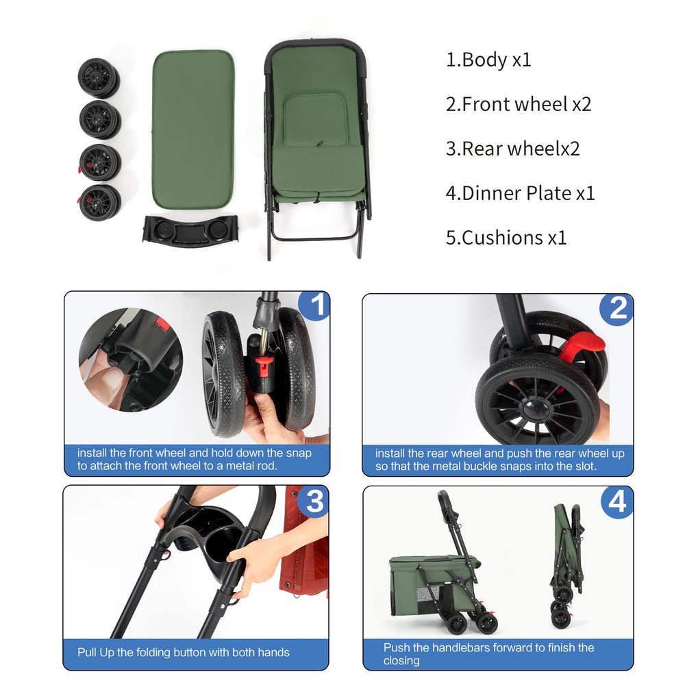MOV COMPRA pet stroller green adjustable handle shows ergonomic folding and transport
