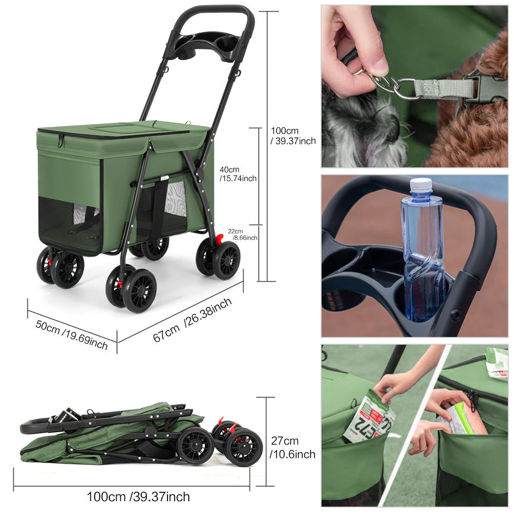MOV COMPRA pet stroller green folded setup showcases compact storage for travel-ready use