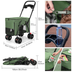 MOV COMPRA pet stroller green folded setup showcases compact storage for travel-ready use