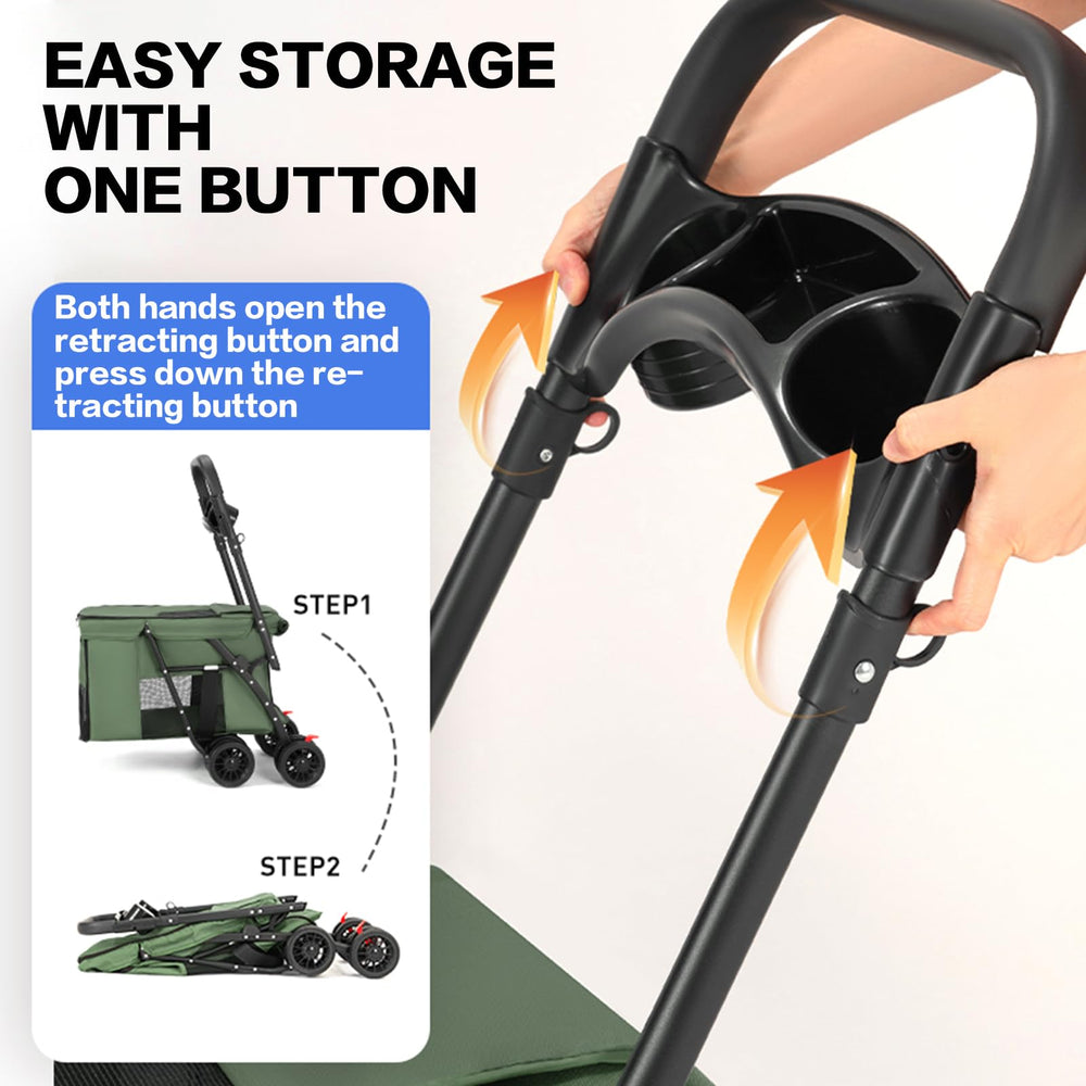 MOV COMPRA pet stroller green interior with removable mat demonstrates easy cleaning