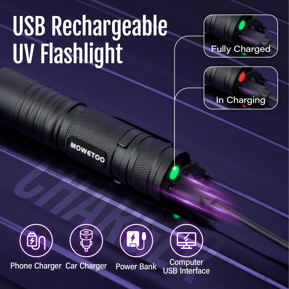 MOWETOO black light UV flashlight battery indicator shows status at a glance