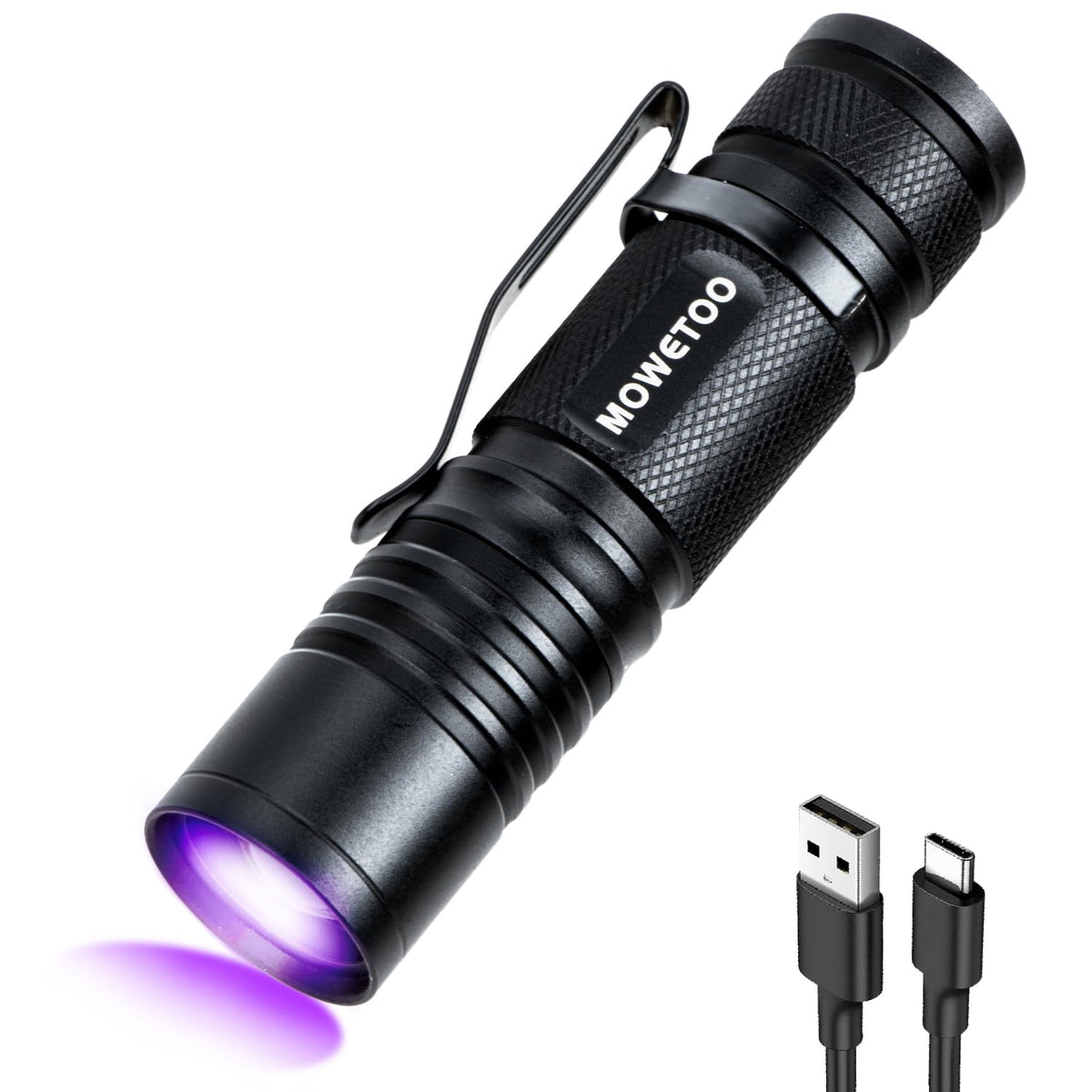 MOWETOO black light UV flashlight compact front view enables pet urine detection