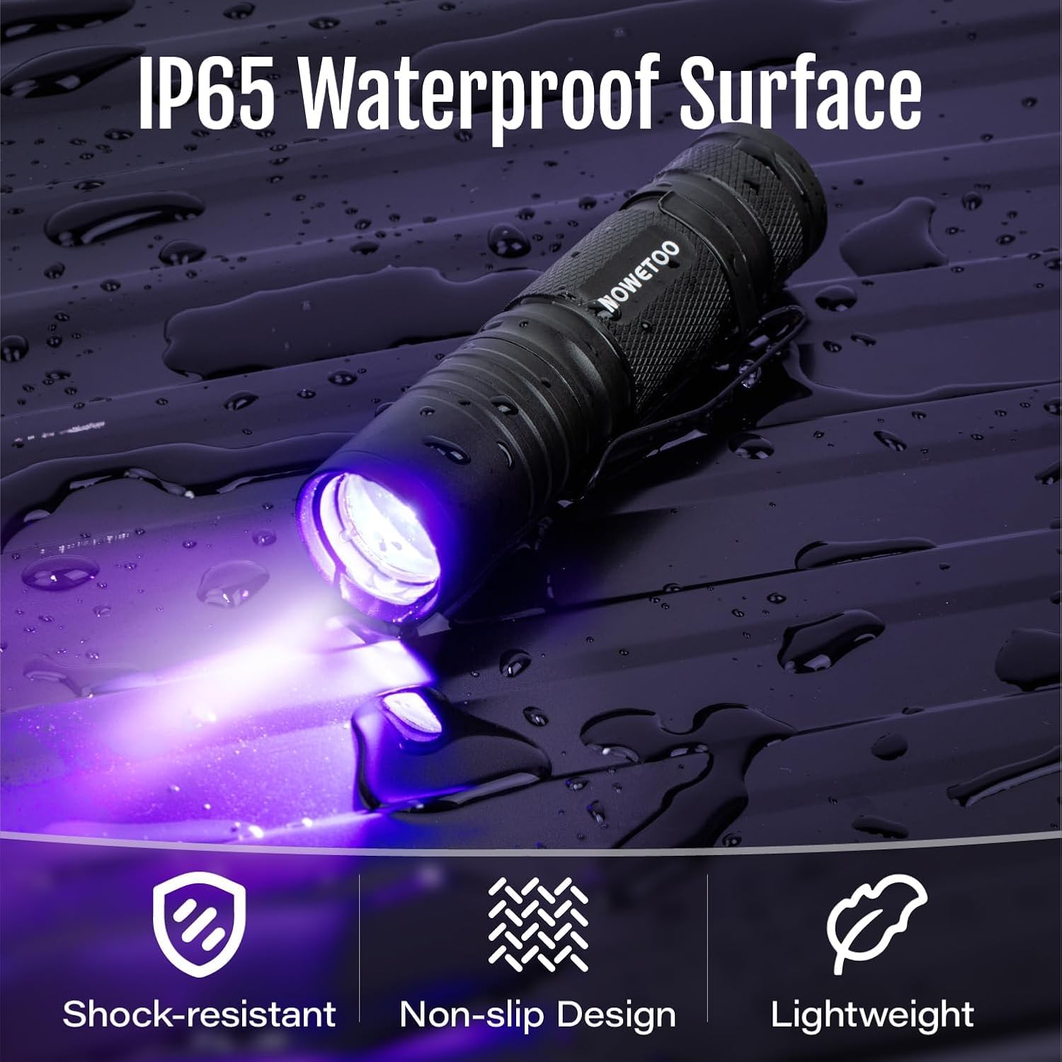 MOWETOO black light UV flashlight pocket-clip demonstrates one-handed access