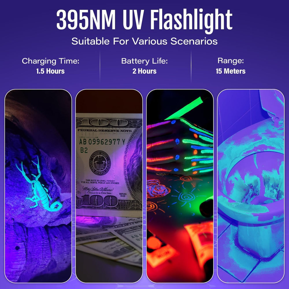 MOWETOO black light UV flashlight resin-curing image suggests resin curing and scorpion detection