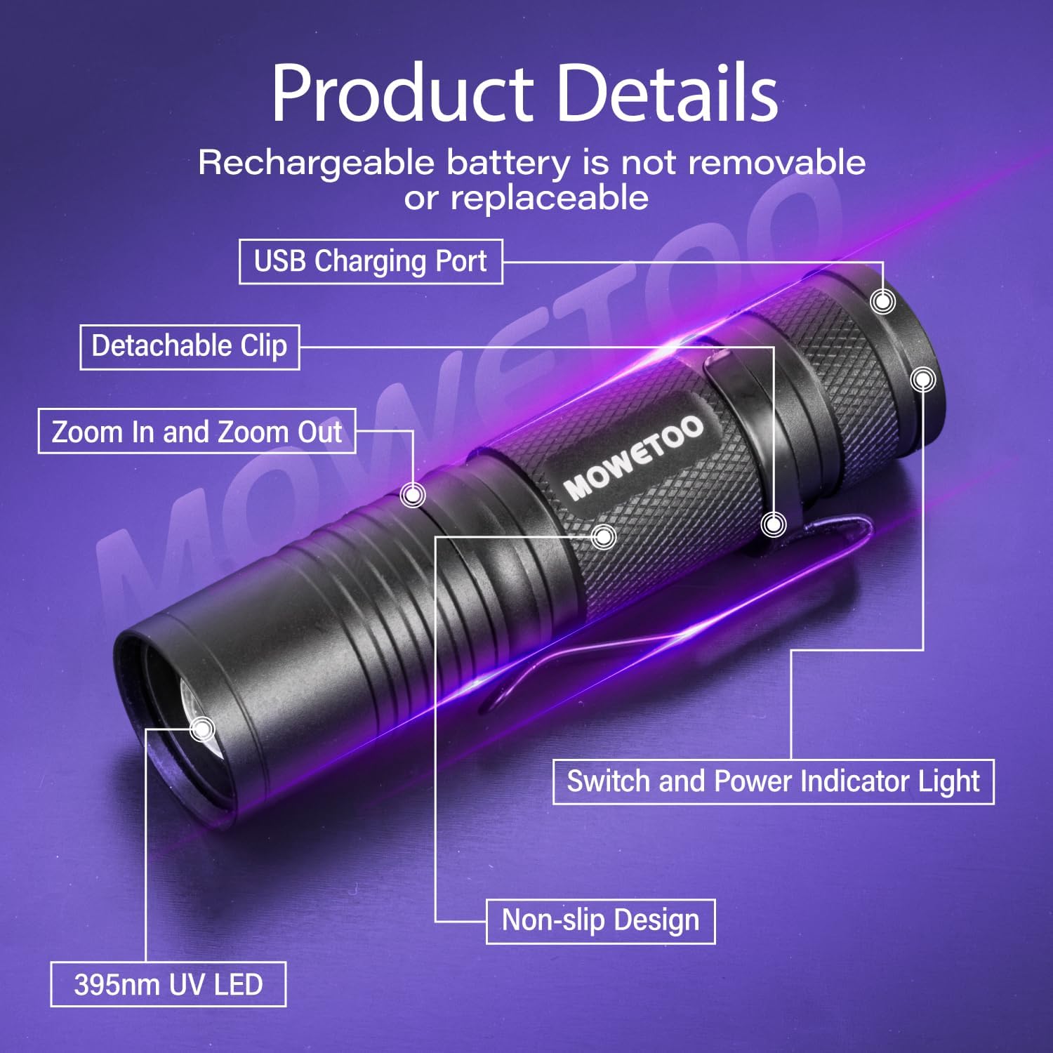 MOWETOO black light UV flashlight USB-C recharge highlights fast top-ups