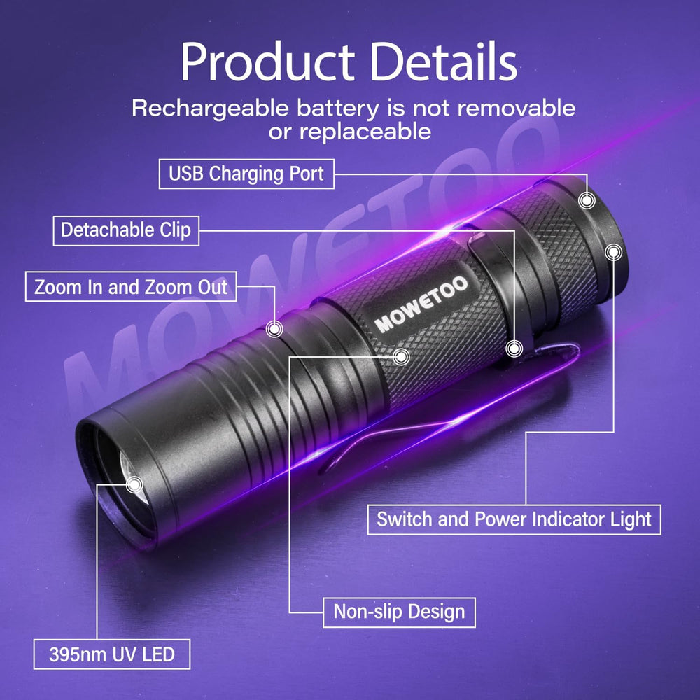 MOWETOO black light UV flashlight USB-C recharge highlights fast top-ups