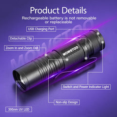 MOWETOO black light UV flashlight USB-C recharge highlights fast top-ups