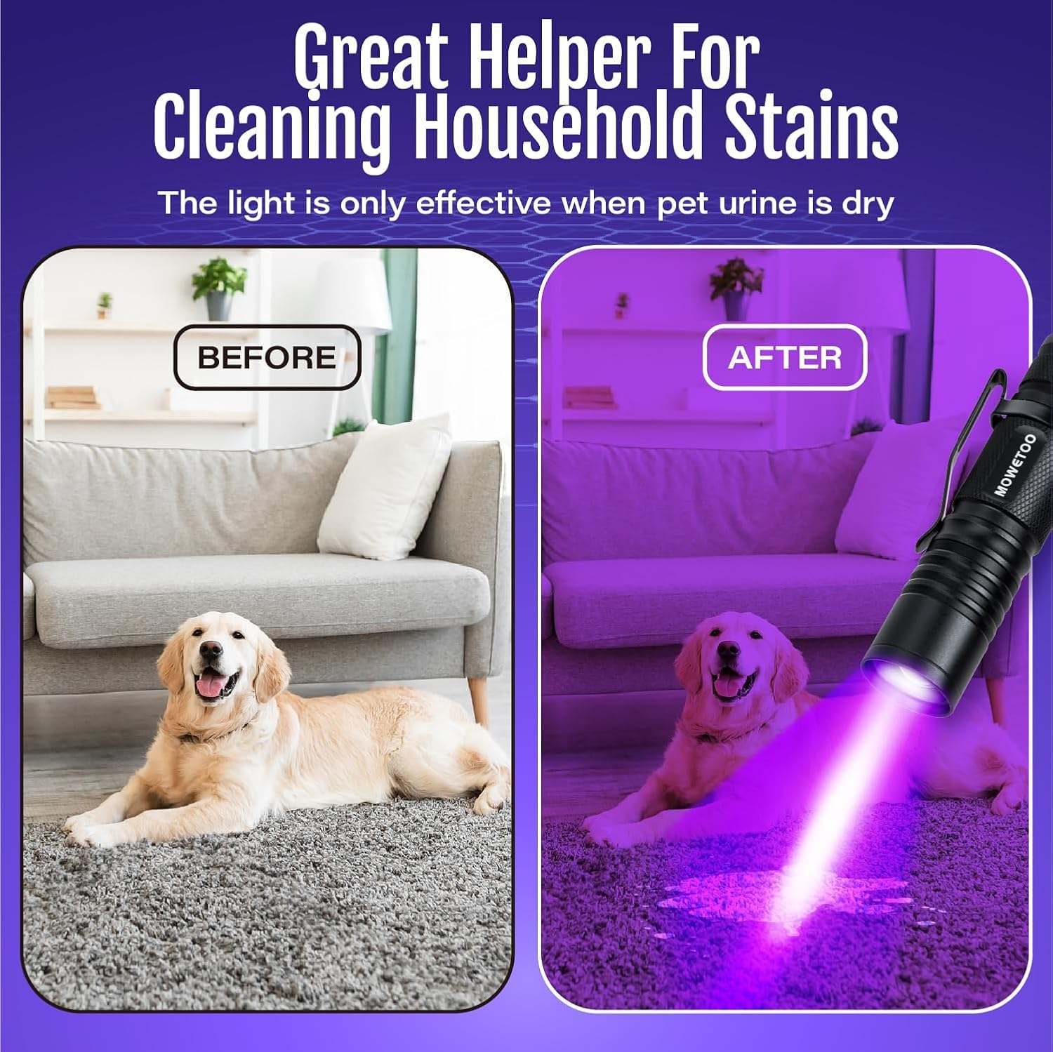 MOWETOO black light UV flashlight zoom-control demonstrates flood-to-spot illumination for versatile detection