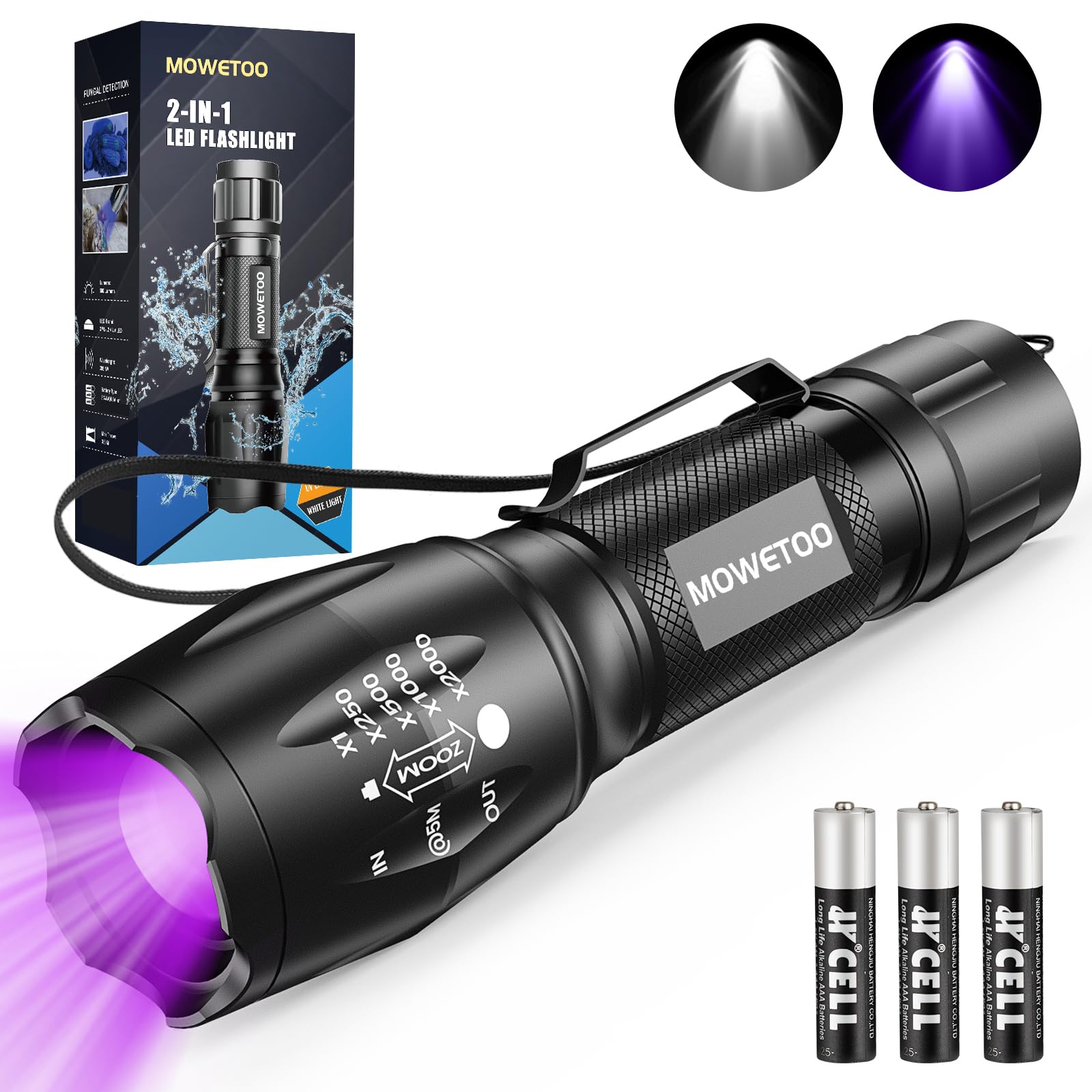 MOWETOO UV flashlight front view shows portable design for on-the-go stain detection