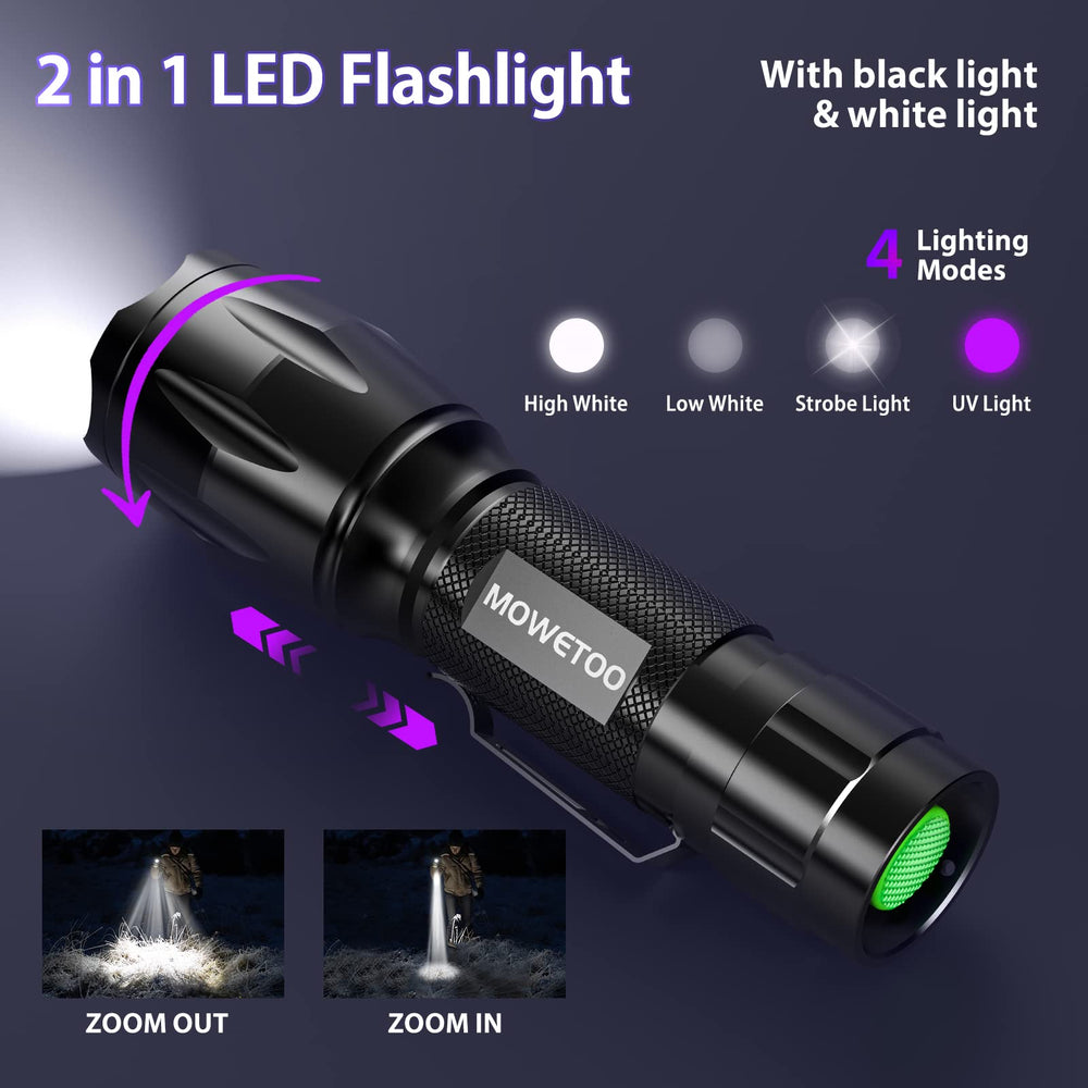 MOWETOO UV flashlight side angle highlights rugged aluminum body for outdoor use