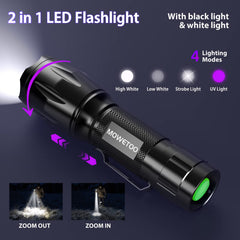 MOWETOO UV flashlight side angle highlights rugged aluminum body for outdoor use