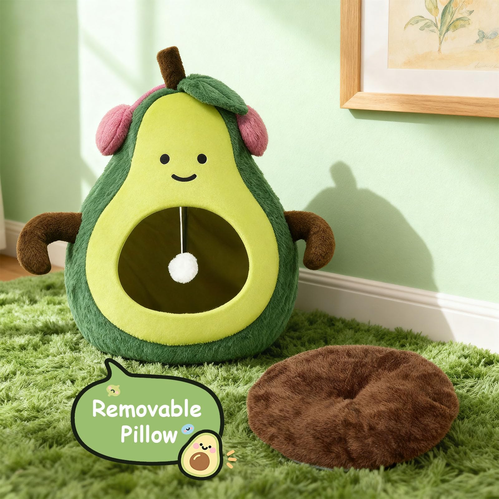 MOYMO avocado cat bed dangly ball image showcasing built-in play