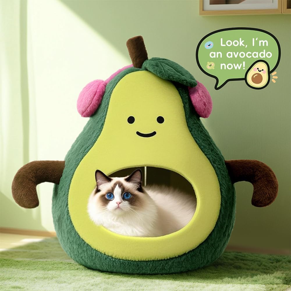 MOYMO avocado cat bed interior view showing the play-ready cave