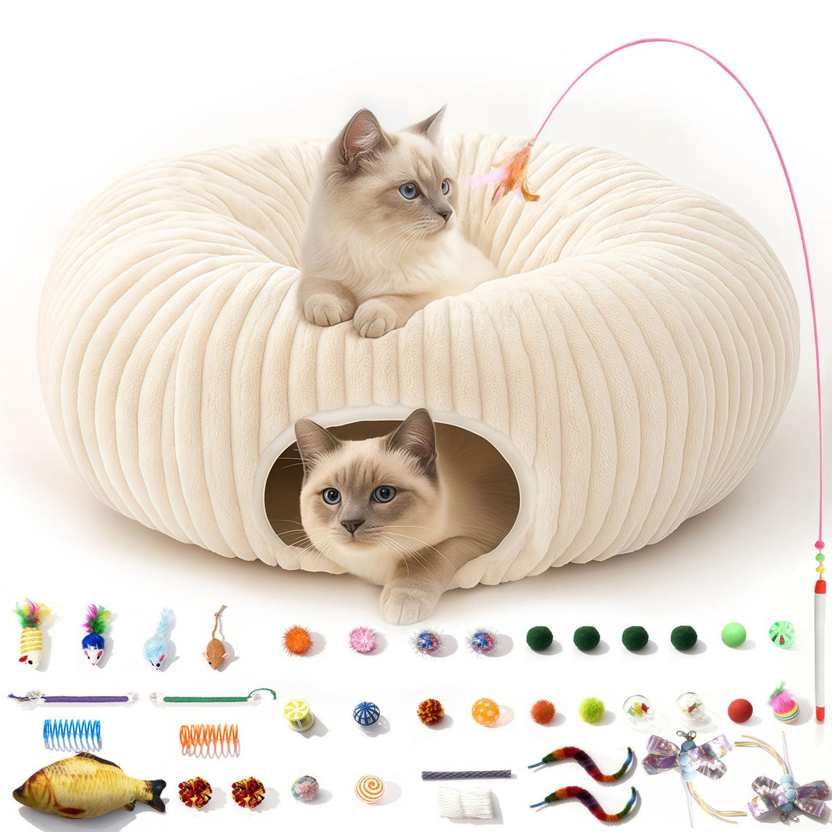 MOYMO Cat Tunnel Bed with 40 Toys invites playful exploration.