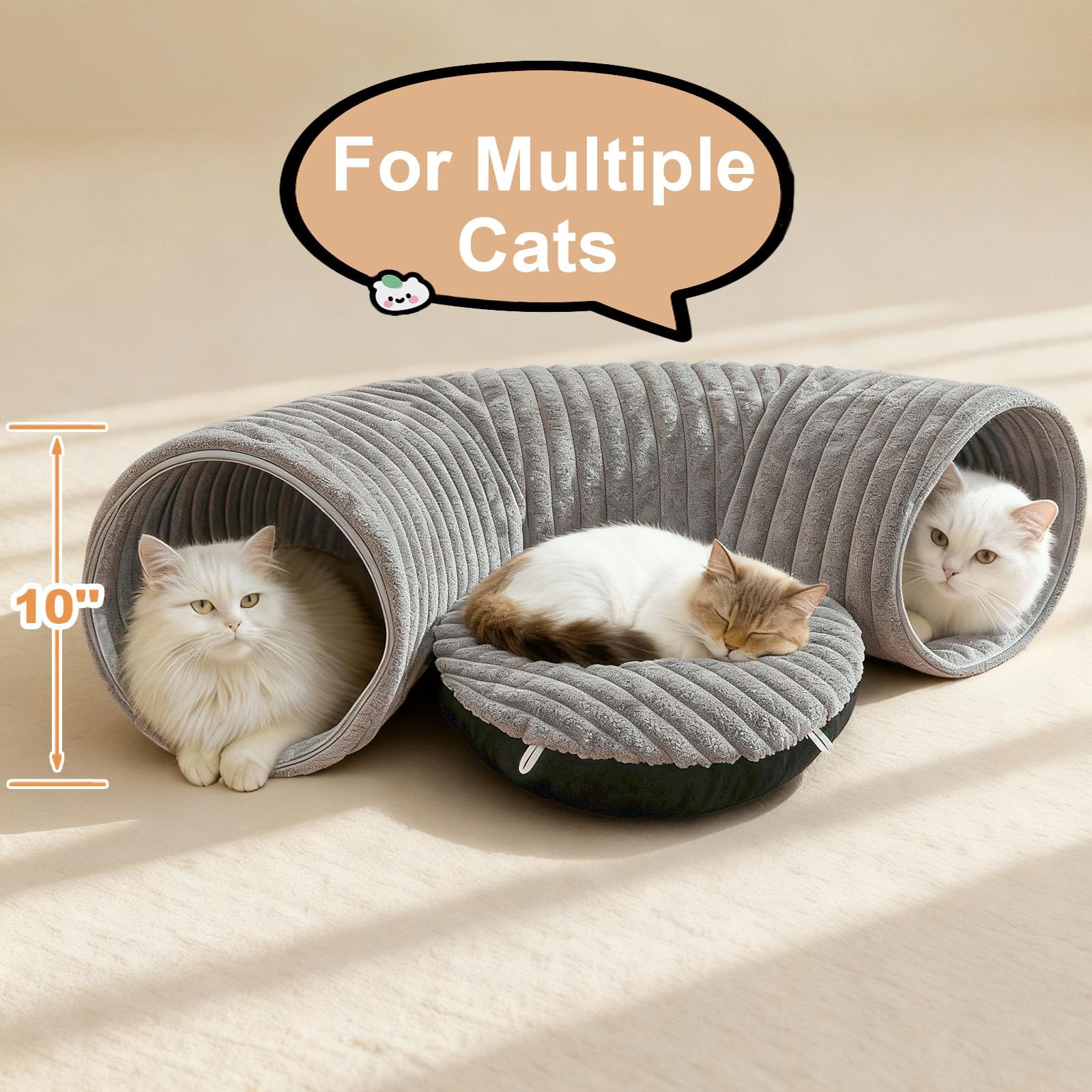 MOYMO cat-tunnel-entrance-dangling-balls image encourages batting and chase play.