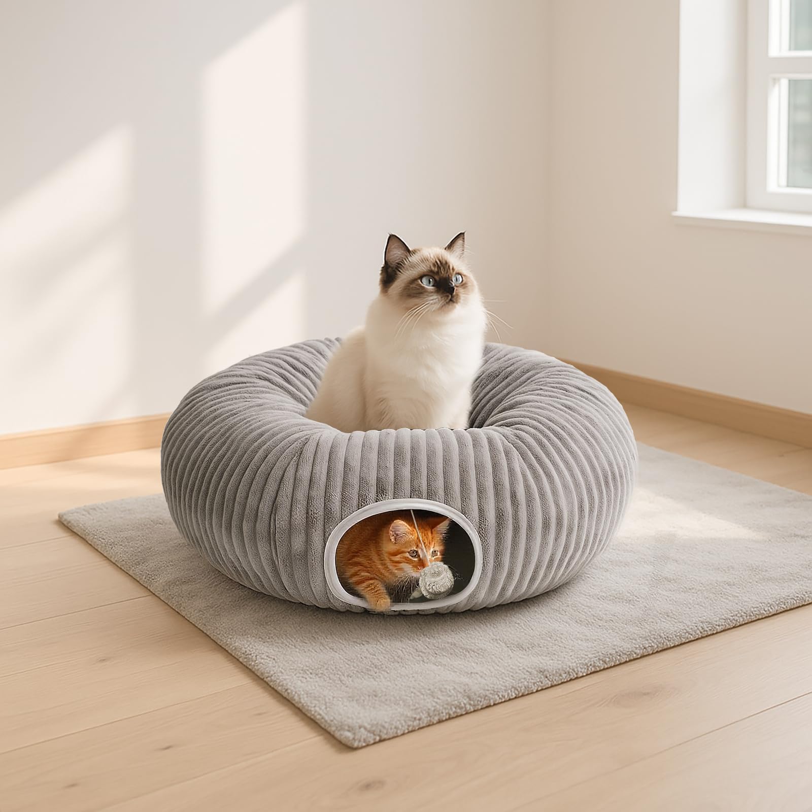 MOYMO cat-tunnel-grey-fabric image blends with decor while entertaining pets.