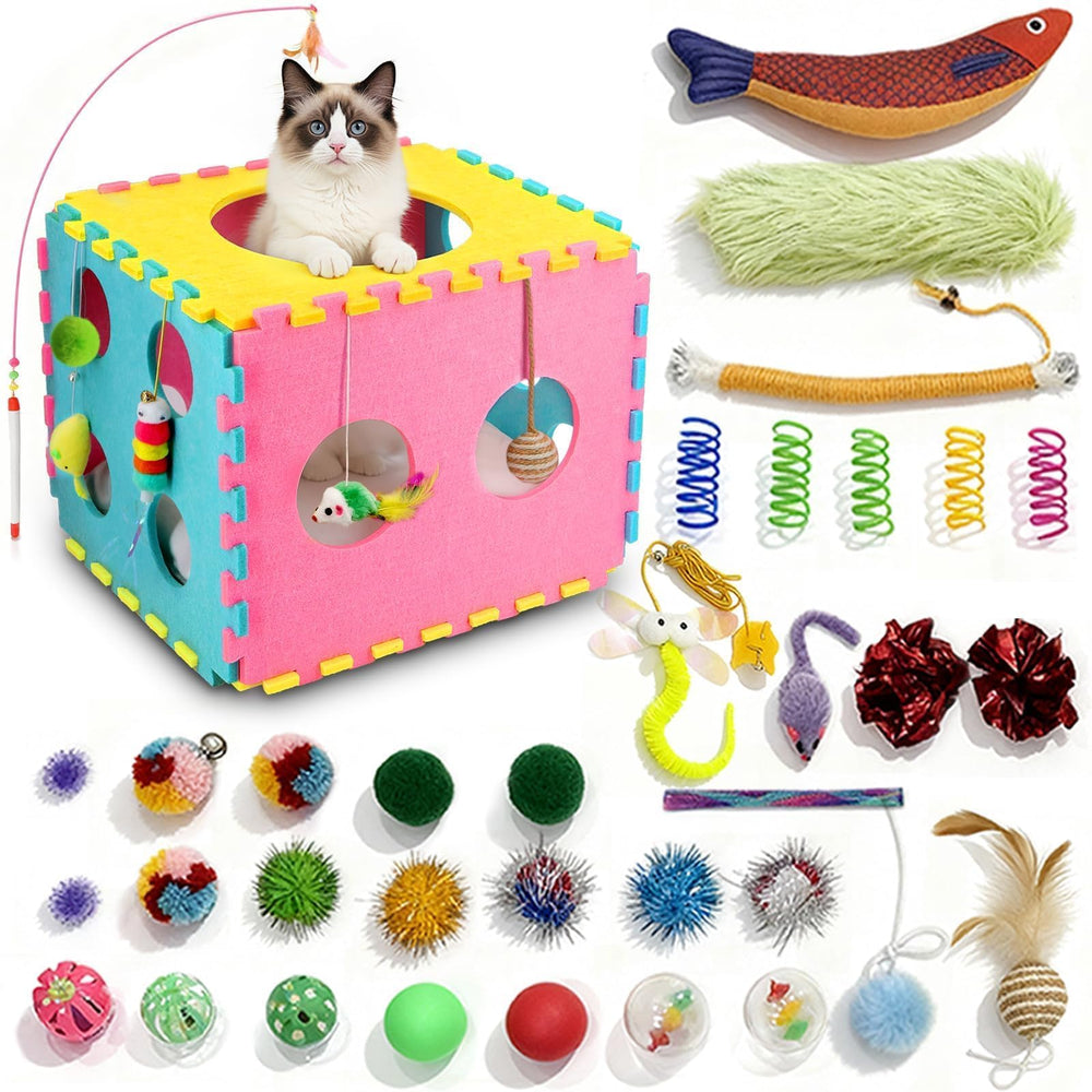 MOYMO dice house hideaway for cats encourages playful pouncing and hiding during indoor play.