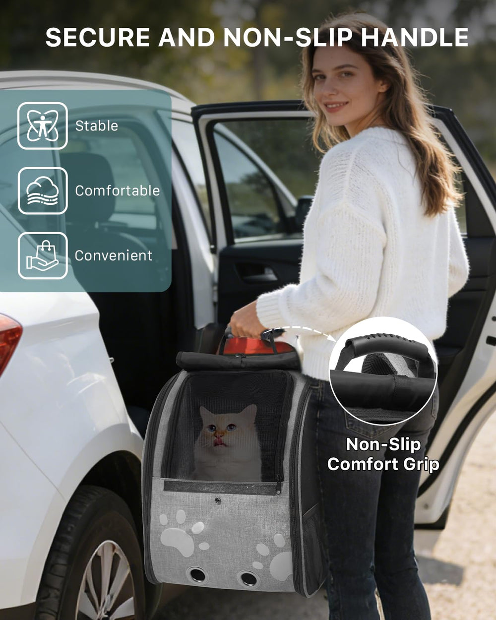 Moysoon cat backpack comfort handle demonstrates easy grabbing for quick pick-ups and transfers.