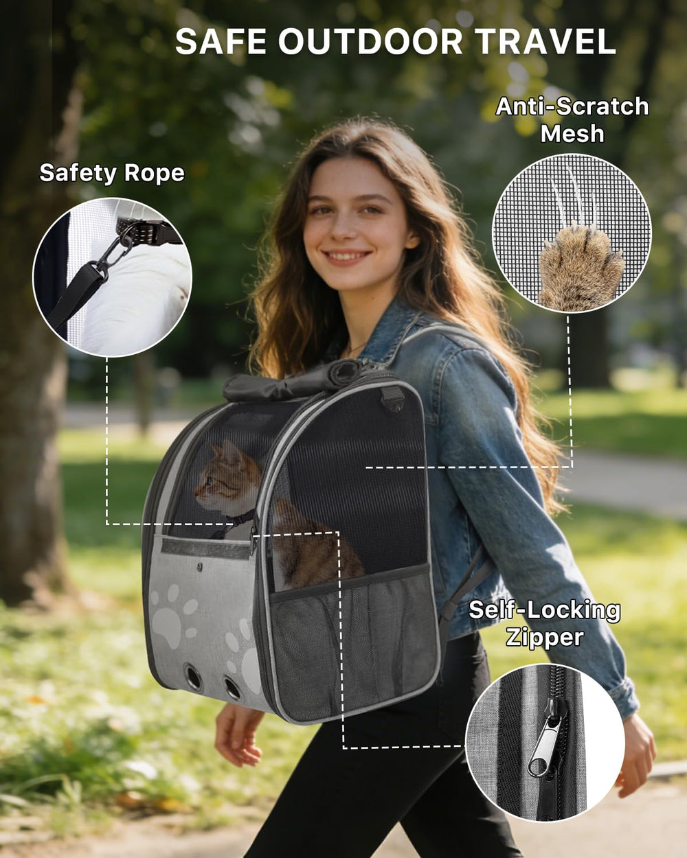 Moysoon cat backpack pocket storage showcases side pockets for small-item organization on hikes.