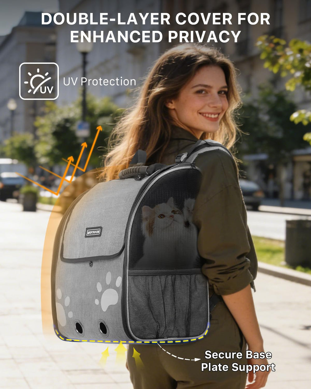 Moysoon cat backpack reflective strips ensure visibility during dusk commutes and nighttime strolls.