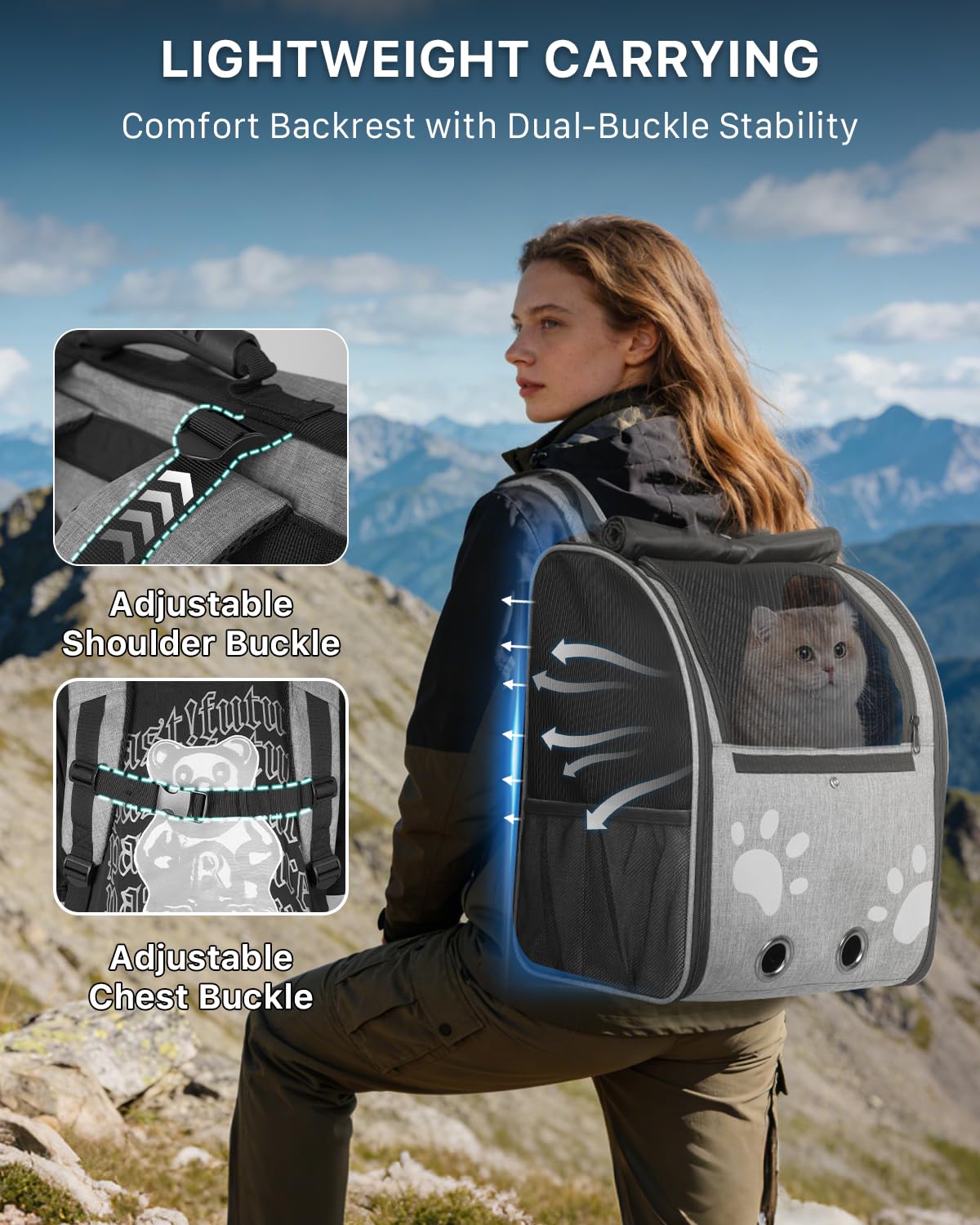 Moysoon cat backpack side ventilation highlights breathable mesh for temperature control on walks.