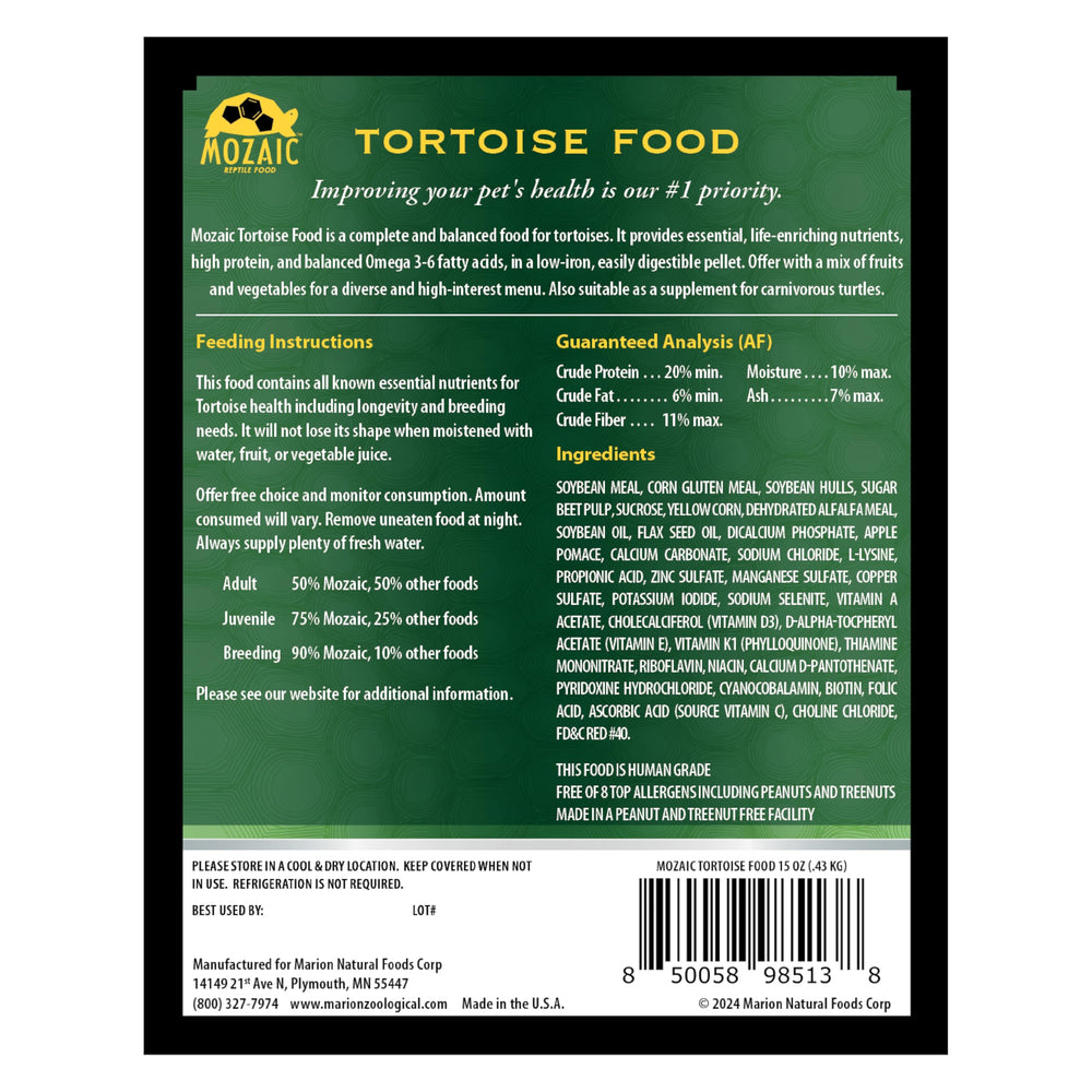 Mozaic Tortoise Pellets long-shelf-life packaging signals stable storage.