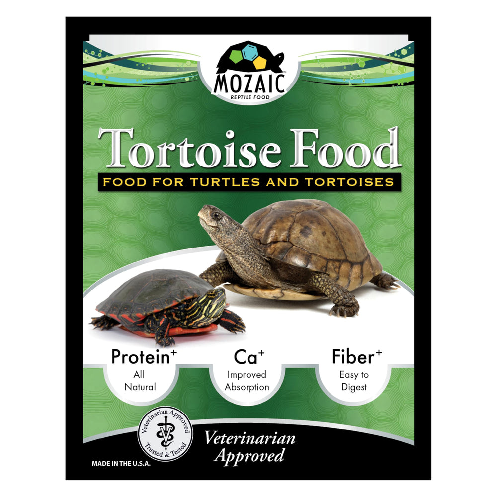 Mozaic Tortoise Pellets serving bowl demonstrates free-choice feeding with varied produce.