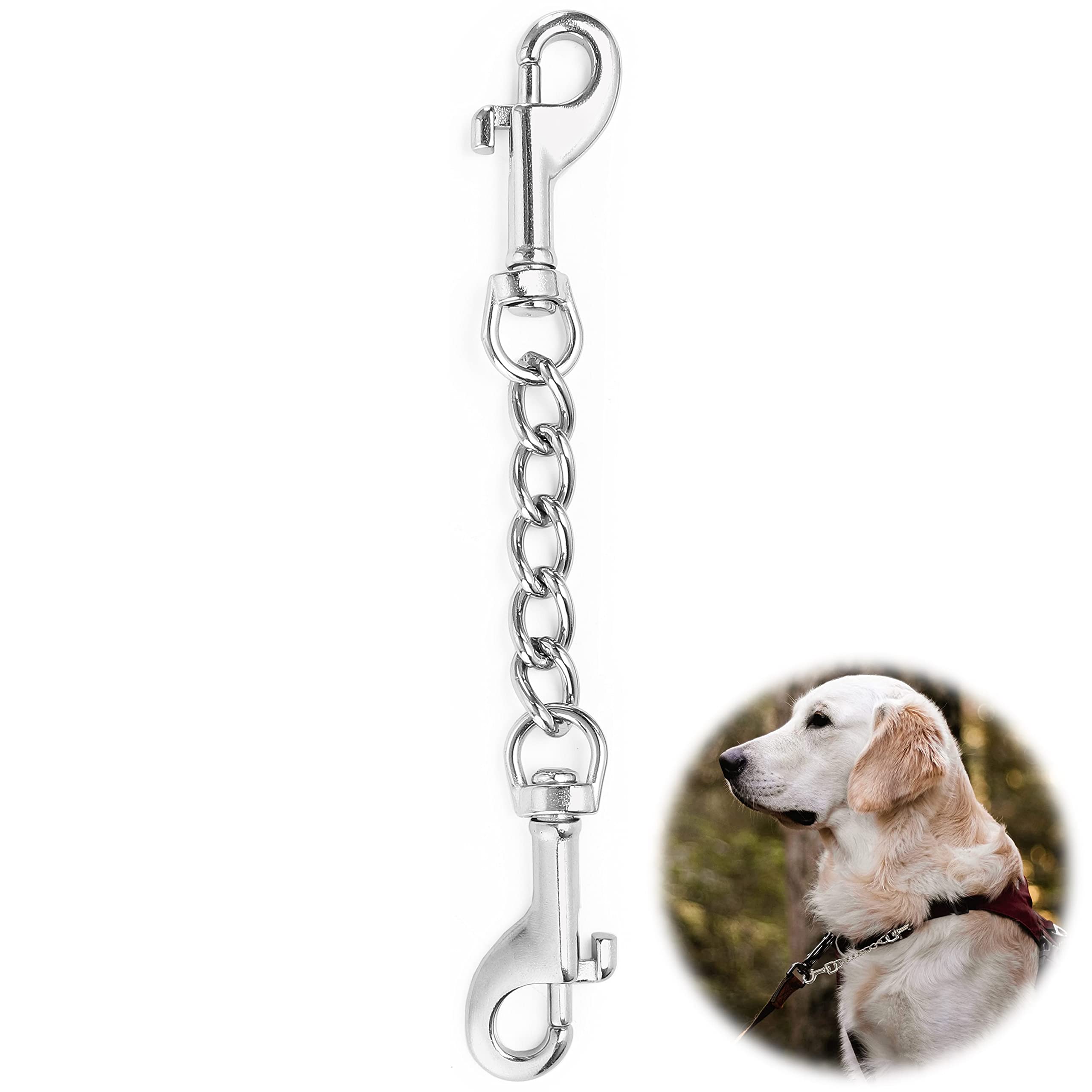 MOZETO dog collar safety clip front view highlights durable stainless steel for secure harness connections.
