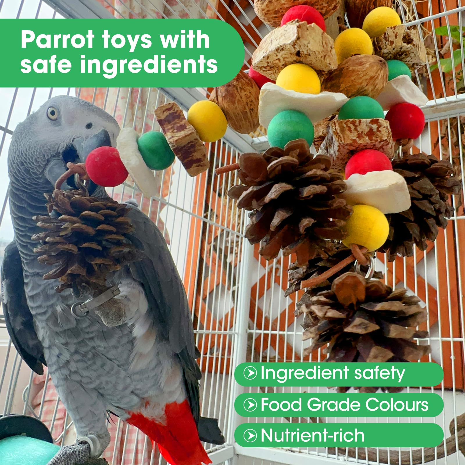 MQUPIN parrot toy top-hook cage-mount secures setup for easy cage enrichment