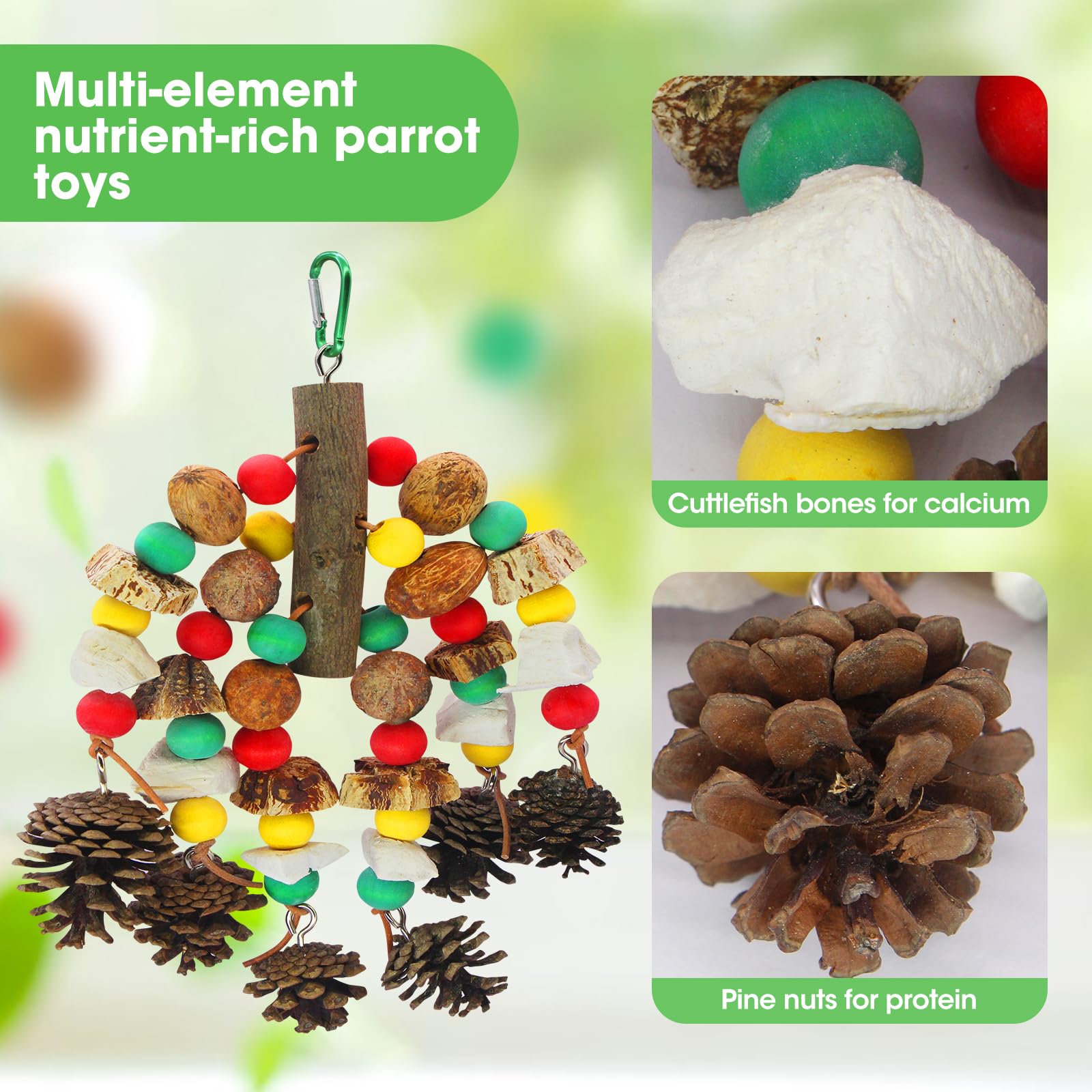 MQUPIN parrot toy wooden mango cones provide varied textures for gnawing and nutrition
