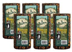 Mr. Bird Woodpecker Feast cylinder pack-shot shows no-melt, all-season bird food for backyard feeders