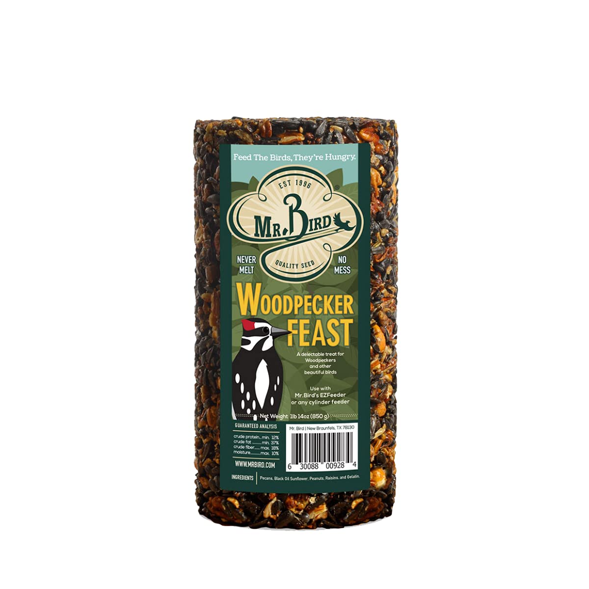 Mr. Bird Woodpecker Feast Small Cylinder ingredients on display, pecans and peanuts for birds