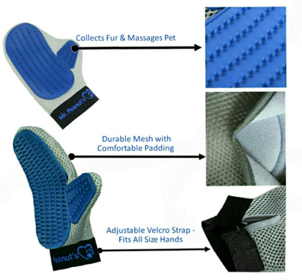 Mr. Peanut's grooming glove with adjustable wrist strap for secure, comfortable grooming sessions.