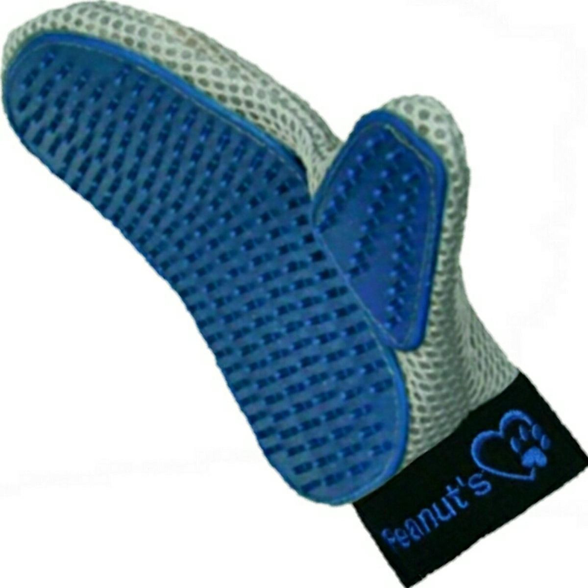 Mr. Peanut's grooming glove close-up shows silicone tips for gentle deshedding and massage.