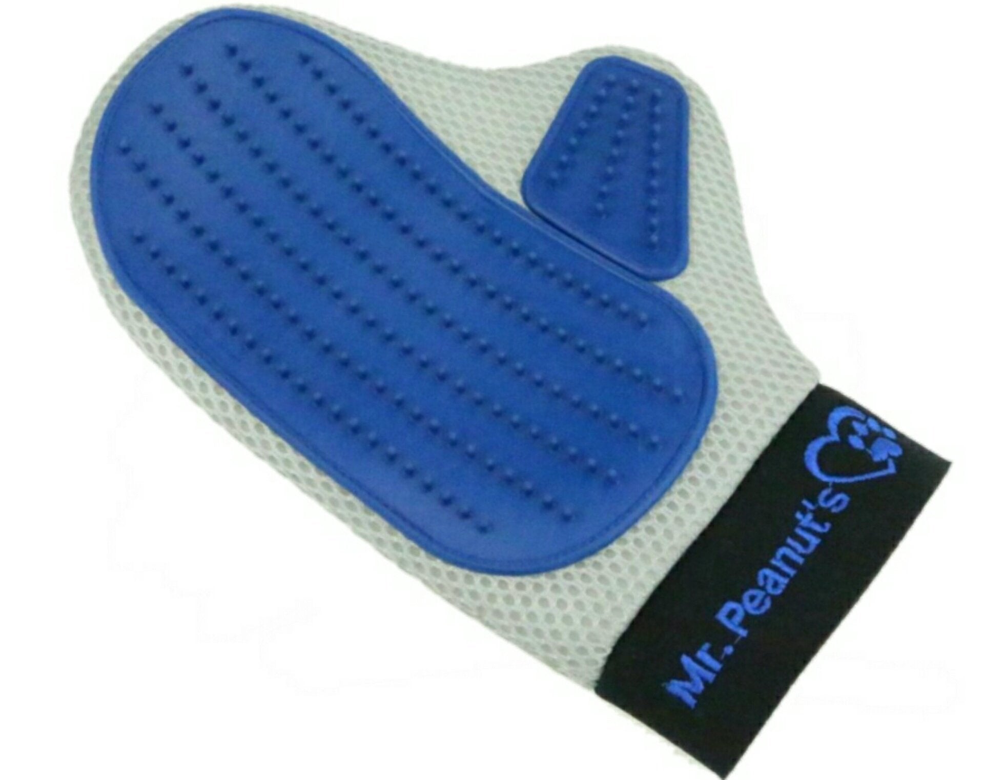Mr. Peanut's grooming glove in a grooming session with a calm pet, showcasing controlled grooming.