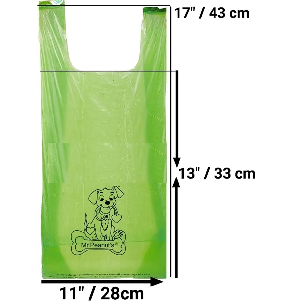 Mr. Peanut's bag dispenser with leash clip enables one-handed cleanup.